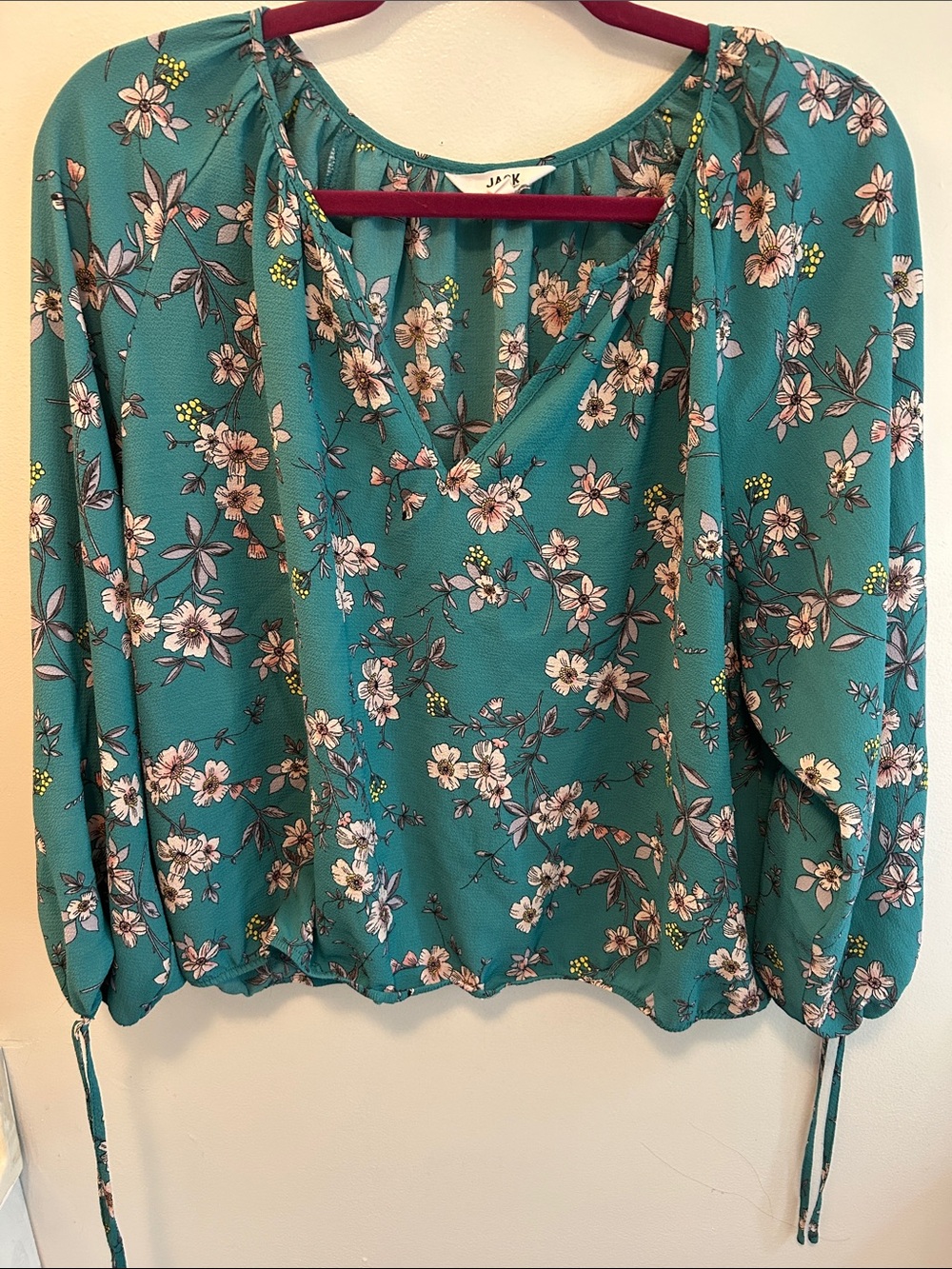 Teal Floral V-Neck Long-Sleeve Blouse EUC